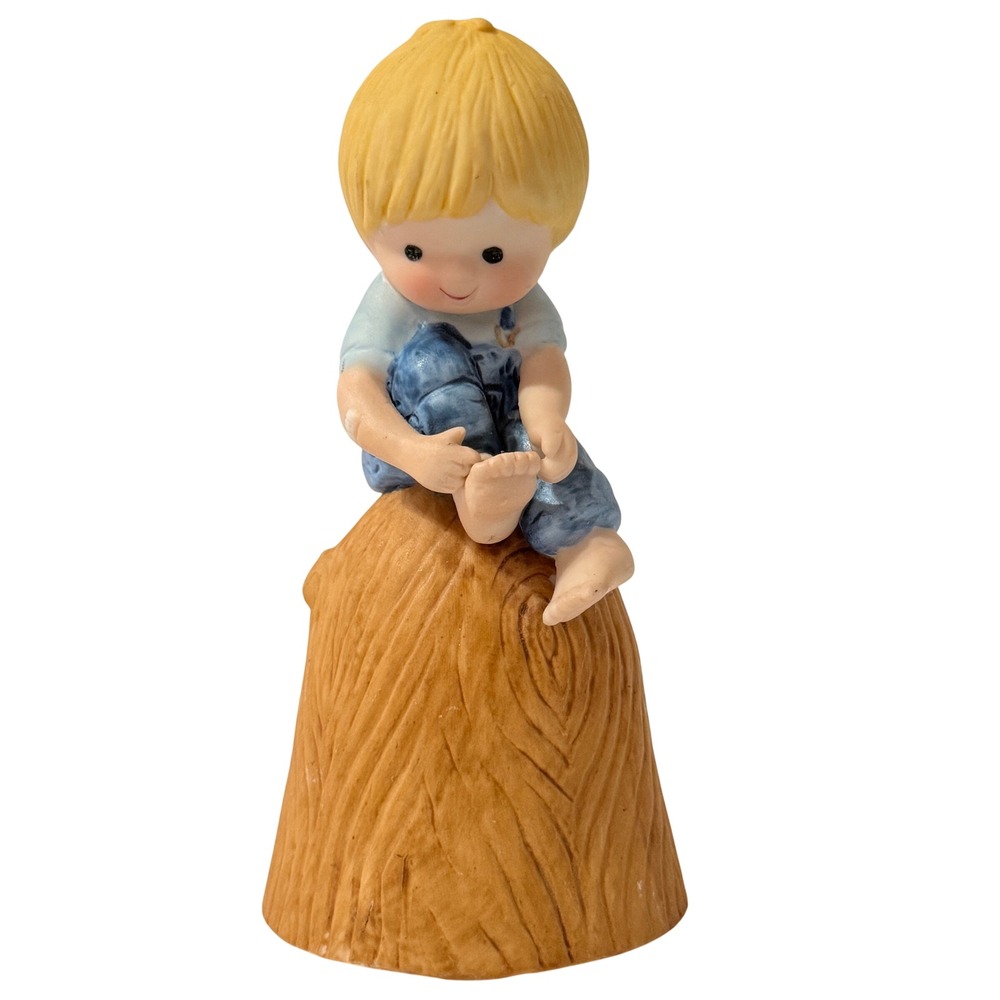 Vintage 1980 Enesco Boy on Tree Stump Ceramic Bell Blue Overalls Figurine Decor